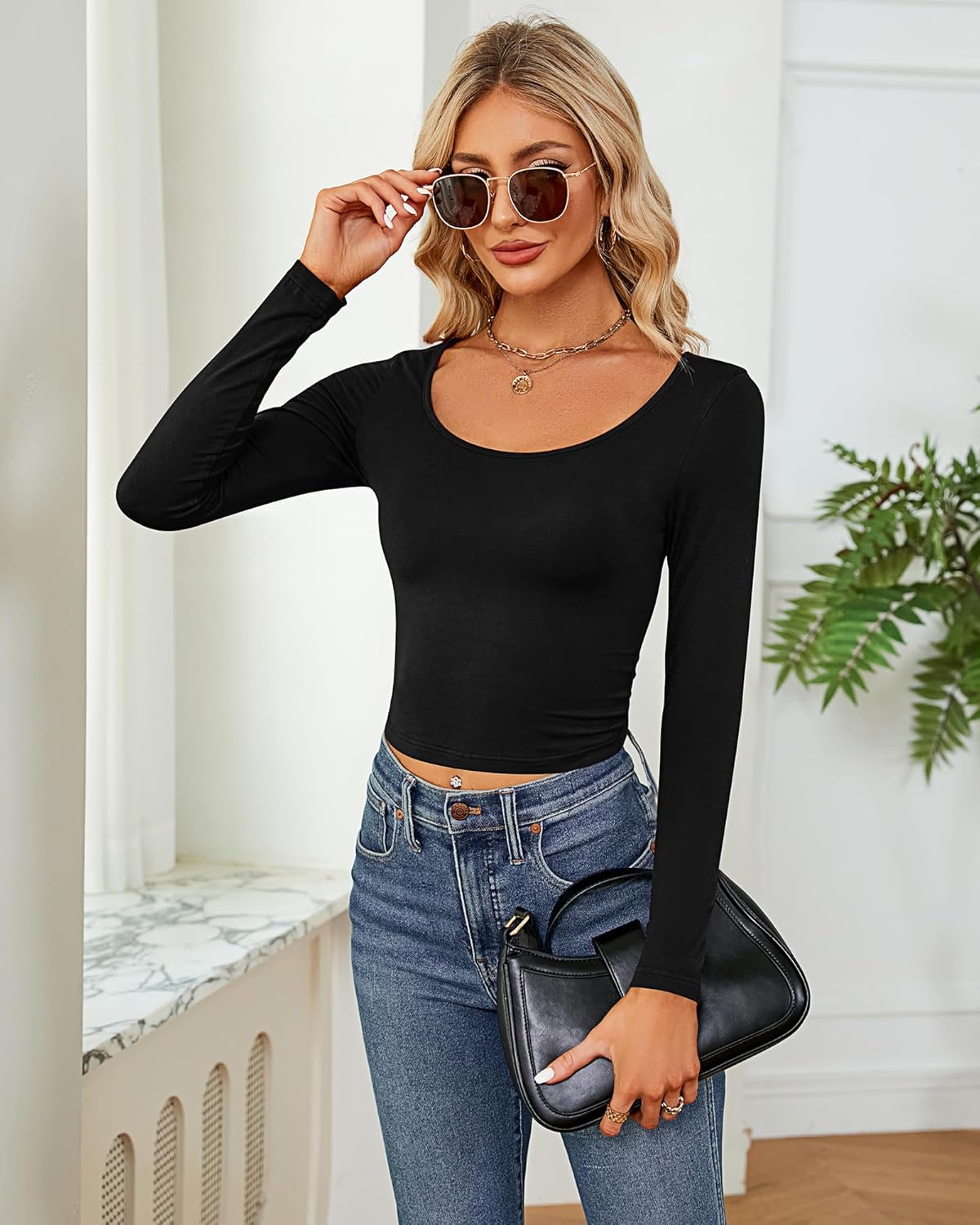 3 Pcs Women's Long Sleeve Basic Crop Tops Slim Fitted Scoop Neck Shirts Solid Casual Tee Top for Women