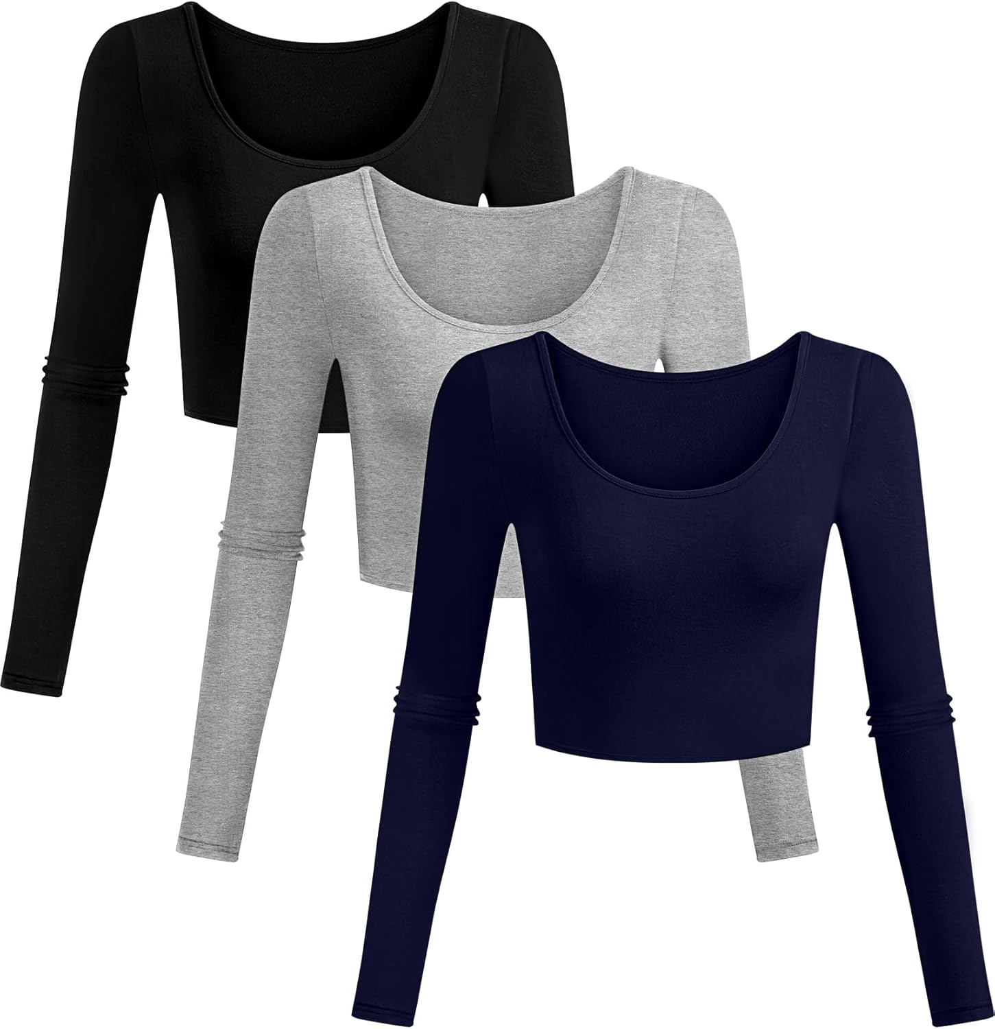 3 Pcs Women's Long Sleeve Basic Crop Tops Slim Fitted Scoop Neck Shirts Solid Casual Tee Top for Women