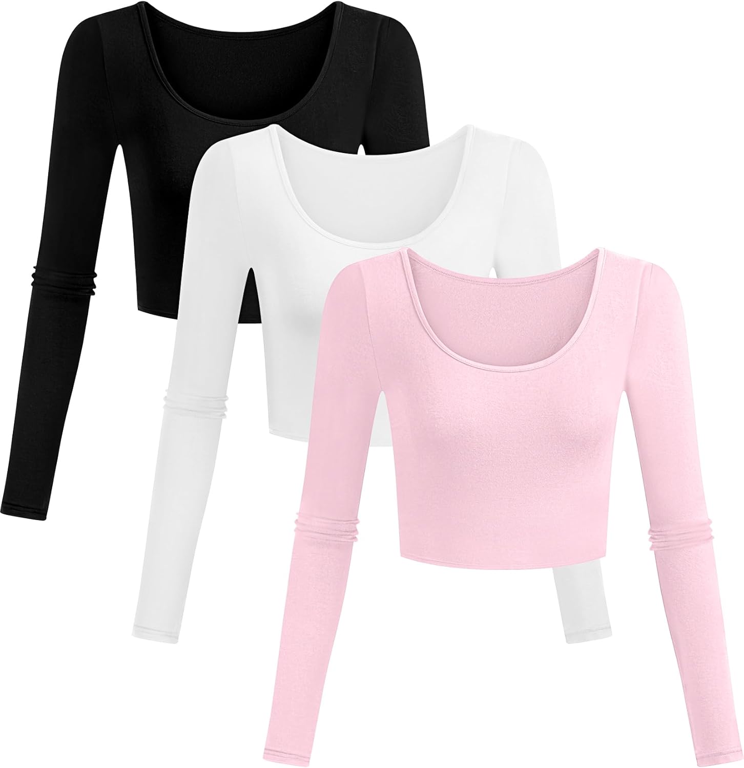 3 Pcs Women's Long Sleeve Basic Crop Tops Slim Fitted Scoop Neck Shirts Solid Casual Tee Top for Women