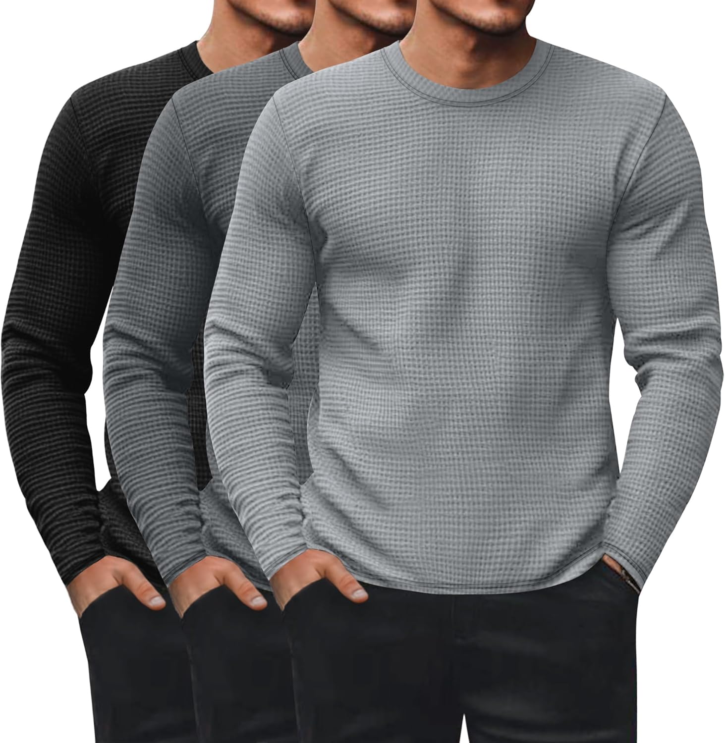 3 Pack Men's Waffle Long Sleeve Shirts, Crew Neck Thermal Underwear Tops Casual Pullover Sweaters Knit Undershirts