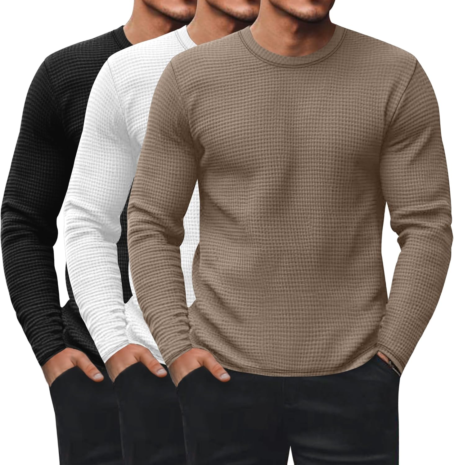 3 Pack Men's Waffle Long Sleeve Shirts, Crew Neck Thermal Underwear Tops Casual Pullover Sweaters Knit Undershirts