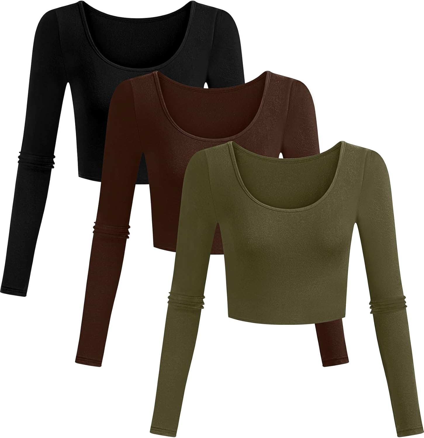 3 Pcs Women's Long Sleeve Basic Crop Tops Slim Fitted Scoop Neck Shirts Solid Casual Tee Top for Women