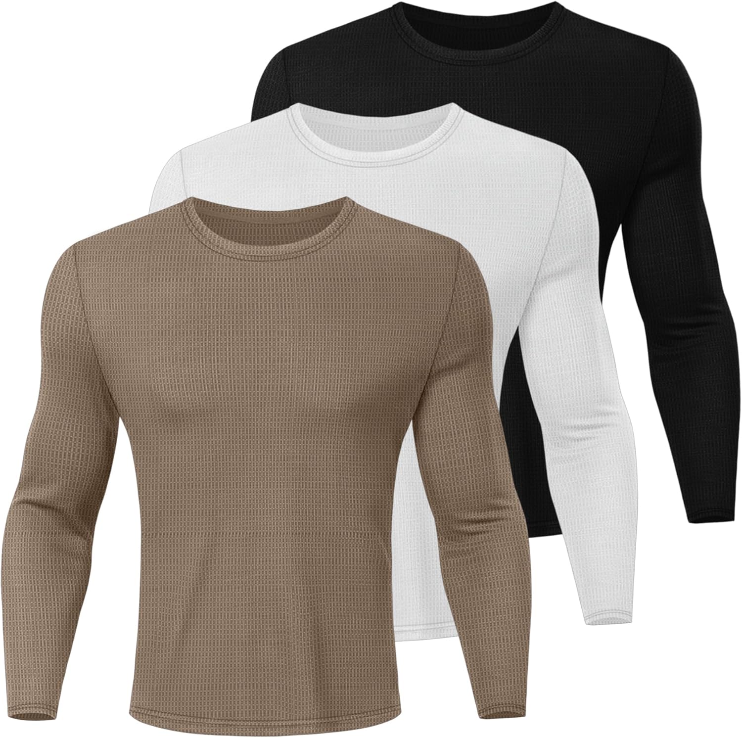 3 Pack Men's Waffle Long Sleeve Shirts, Crew Neck Thermal Underwear Tops Casual Pullover Sweaters Knit Undershirts
