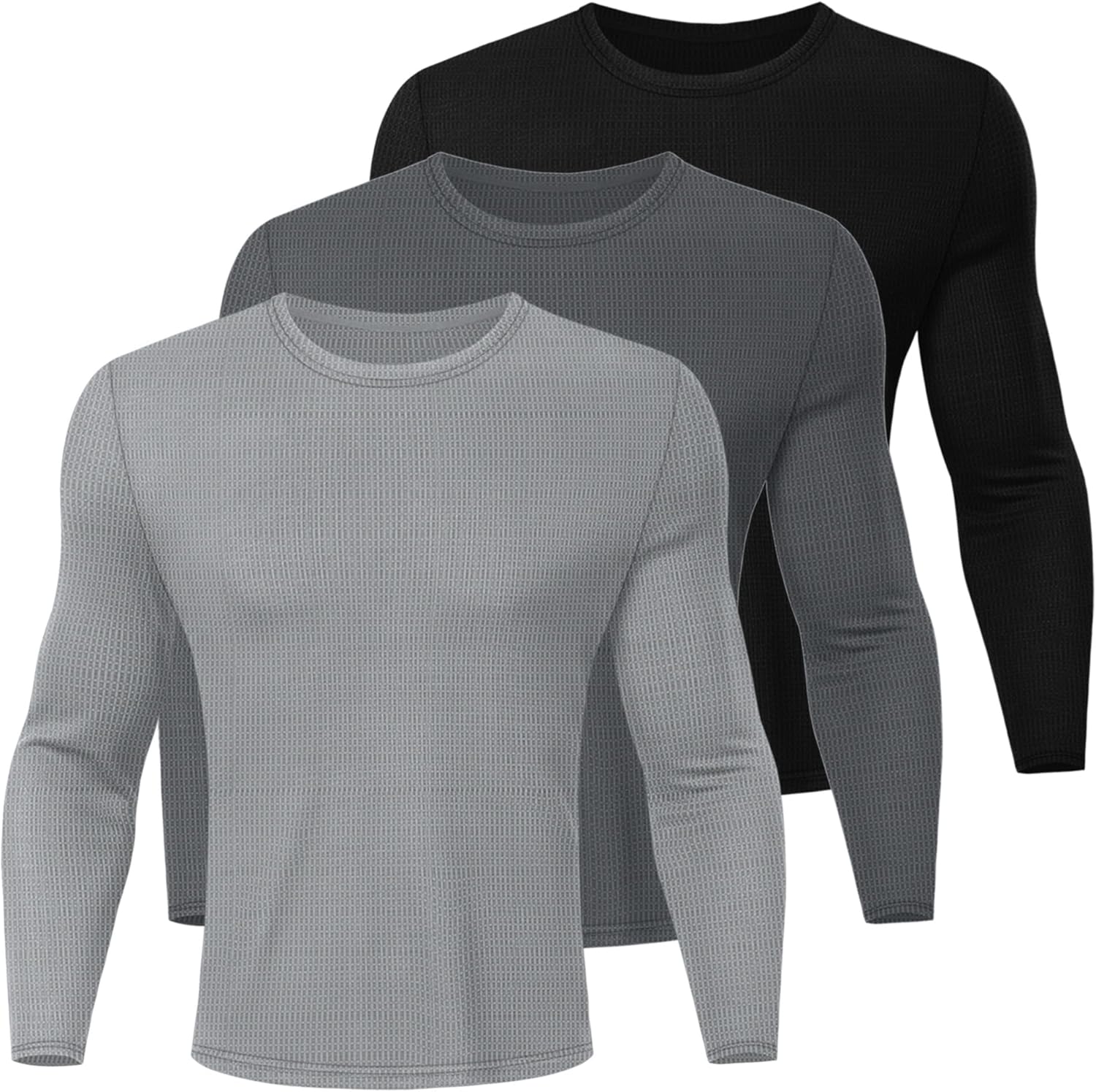 3 Pack Men's Waffle Long Sleeve Shirts, Crew Neck Thermal Underwear Tops Casual Pullover Sweaters Knit Undershirts