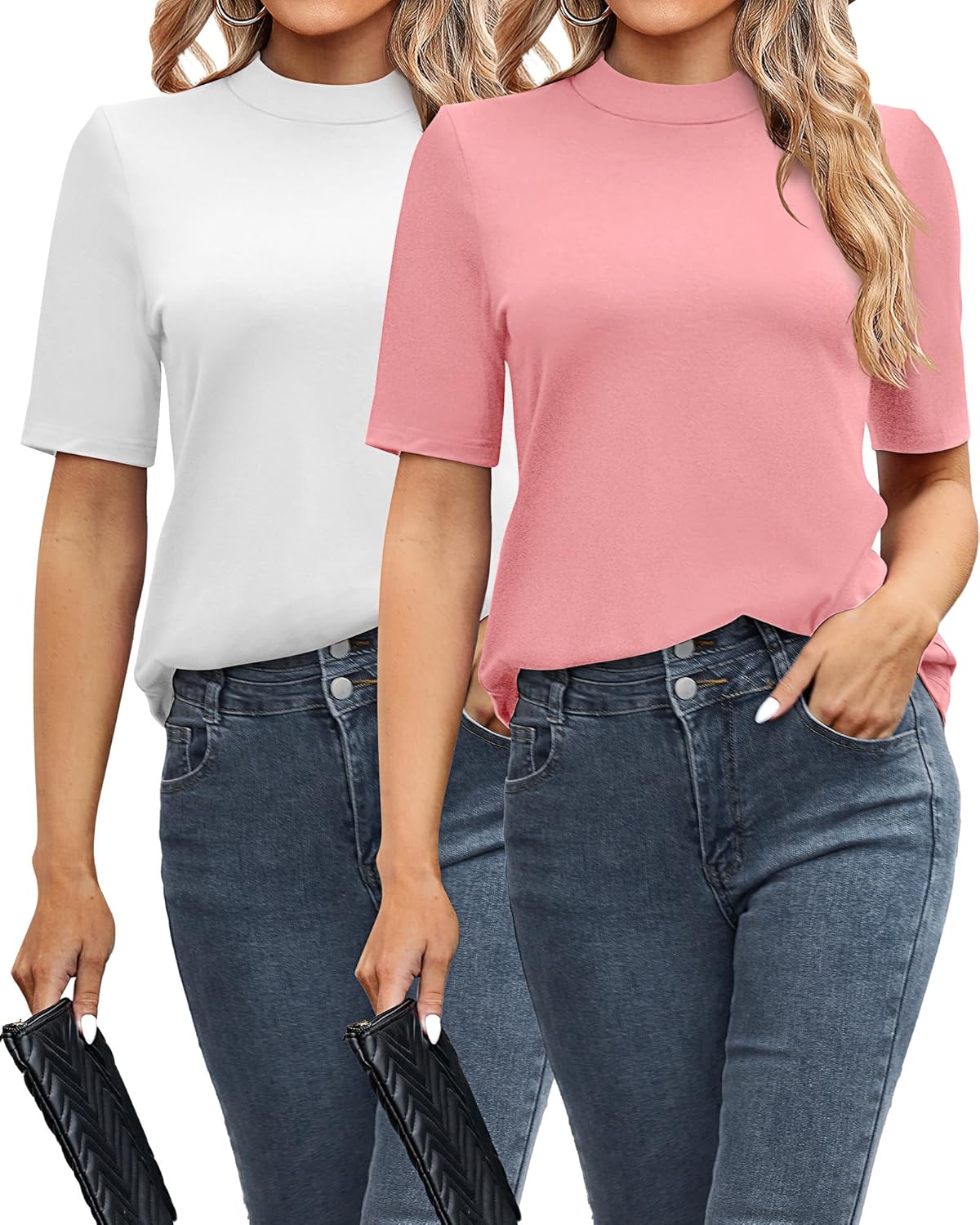 2 Pack Women's Business Casual Tops, Mock Neck Shirts Half Short Sleeve Turtleneck Tops Quarter Sleeve Dressy Blouses