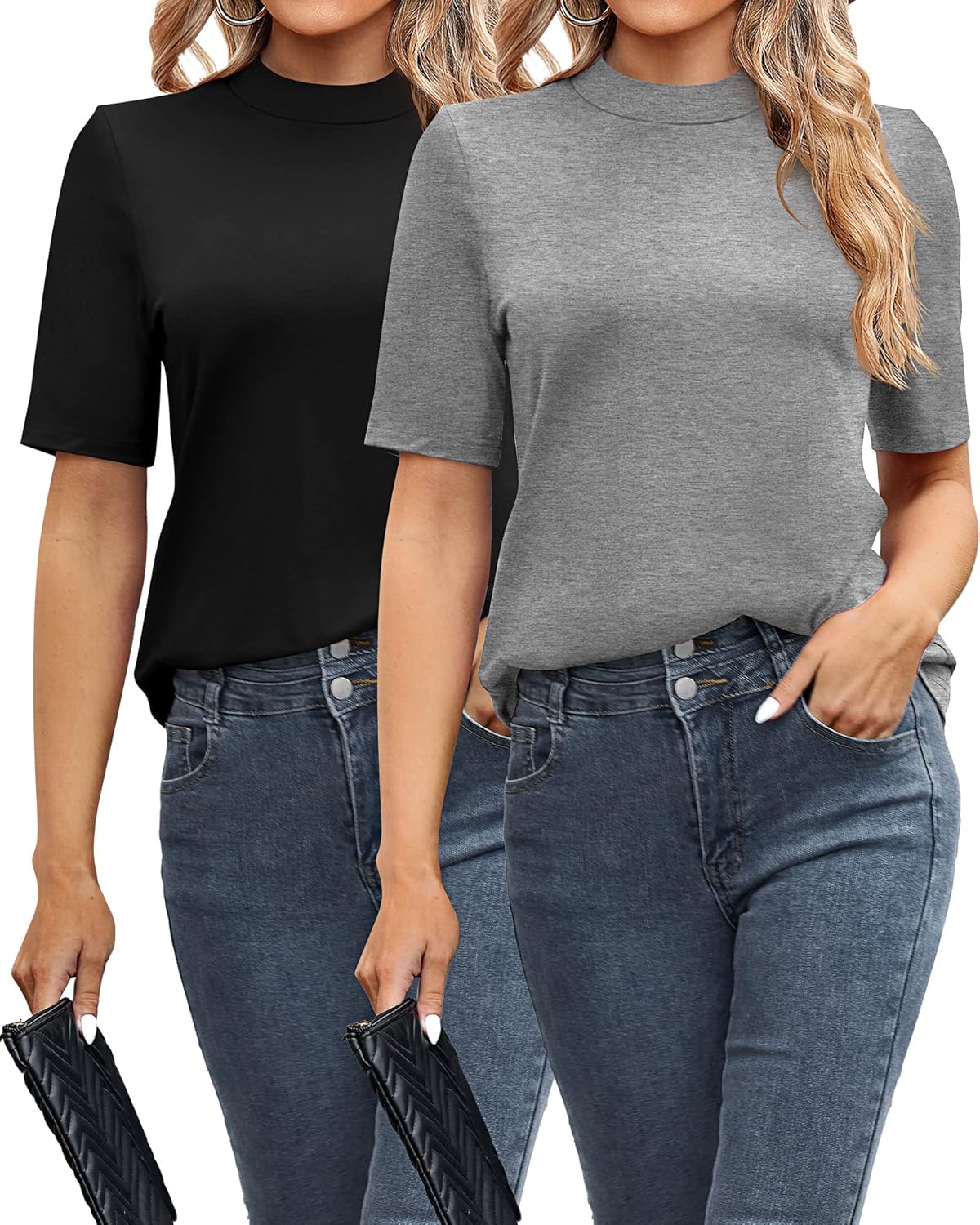 2 Pack Women's Business Casual Tops, Mock Neck Shirts Half Short Sleeve Turtleneck Tops Quarter Sleeve Dressy Blouses